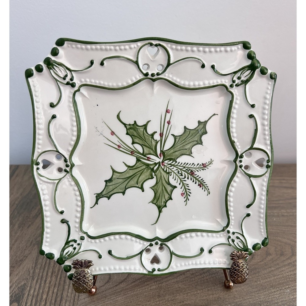 Holly square Christmas Holiday plate hand painted Portugal 7 1/2" - Picture 2 of 9